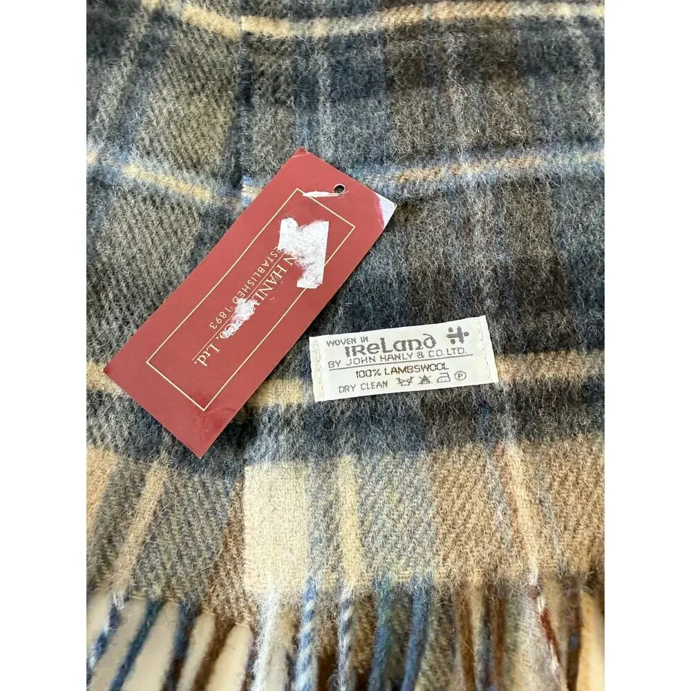 John Hanly & Co. Ltd | Unisex Beige Black Lambswool Plaid Scarf | Ireland NWT